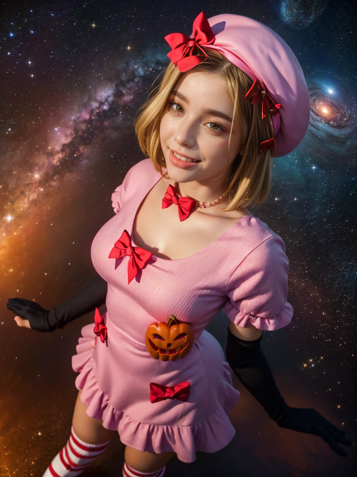(1 lady), The beautiful, (Best quality at best:1.4), (ultra - detailed), (extremely detailed CG unified 16k), gold blonde hair, very detailed, High-definition RAW color photo, professional photoshooting, amazing face and eyes, cosmetics, (amazingly beautiful girl), ((lambdadelta, taller, tall woman, NOT Dasha Taran)), ((dress, shoes bow, red shoes, striped stockings, red bow, pink hat, necklace, gloves, pearl, pumpkin brooch, pink dress)), levitating in a cute posture (floating in the air), (She's levitating in a cosmic sea, outer space:1.3, quantum hyperspace room lacking walls, hyperspace chamber, extremely detailed background, a lot of details background, realistic background), (look from above), realistic cinematic face, head to feet long wide zoomed out view, full body long view, photorealistic, ((realistic natural blonde hair style, red eyes)), gorgeous, extremely beautiful face, perfect model beauty, amazingly beautiful smile, her smile is emotive and full of joy, her teeth are visible, Highly Detailed Face and Skin Texture, Detailed Eyes, Double Eyelids, Big Breasts, Persistent Stare, Faith Trance, (mystical stare, looking eternity), (masterpiece), best quality, high resolution, depth of field, cinematic lighting, amazing legs, pink combat boots, clear and well-cared skin