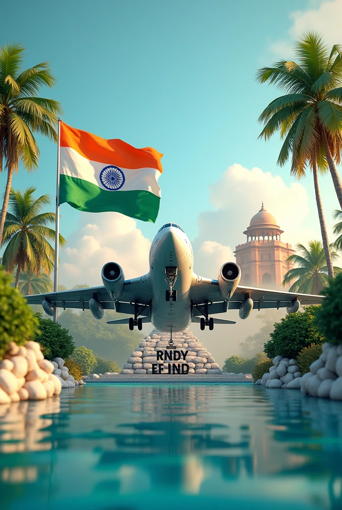 Name "TAUFIK" real 3D sea Island background with big Indian flag, Ashok chakra text capital big aroplane, stone peal. stylish in front 3D rendering, typography, 3d render, poster, fashion, Red Fort Delhi with "15 August".