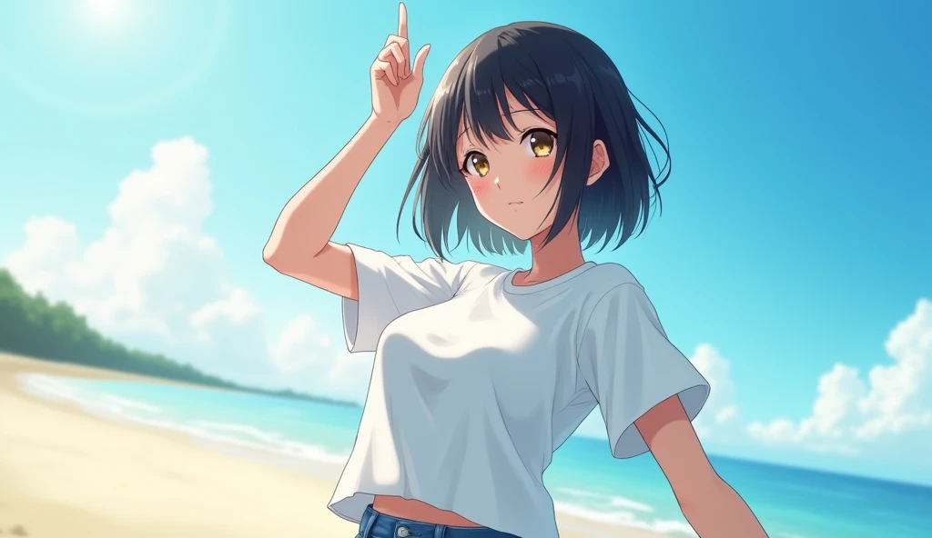 ((Top quality)), ((Masterpiece)), (Detail), Perfect face, Japanese woman, age girl, Immaculate, White T-shirt, blue shorts, short black hair, big breasts, one hand raised dazzlingly, bright smile, blue summer sky, strong sunlight, sandy beach, depth of subject, sharply in focus, Aspect ratio 16:9.

