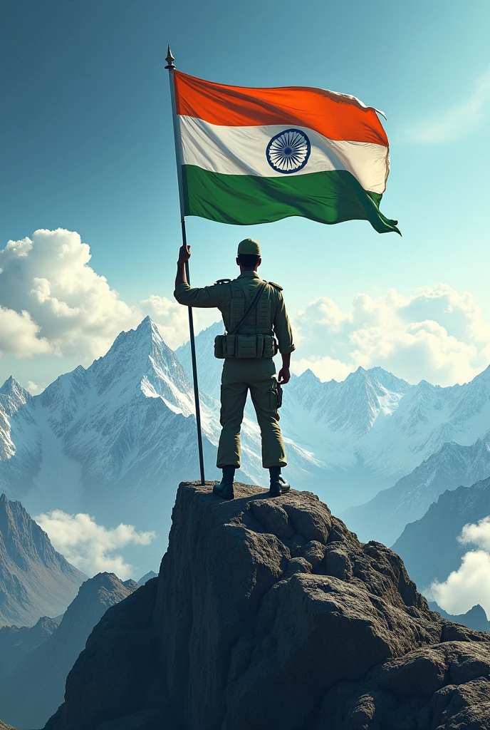 A army man with with indian flag standing on mountain with name written below as “Kaleem Parvez”