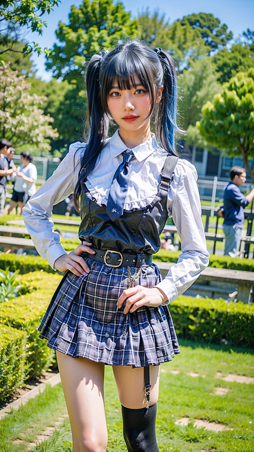 (8k、RAW Photos、Highest quality、masterpiece:1.2)、(Realistic、Realistic)、1 person、((Light blue hair、boots、garter belt、smile、Twin tails、whole body、garden、Check mini skirt、garden、View from the front、Looking into the camera、Hands on your hips))、cute