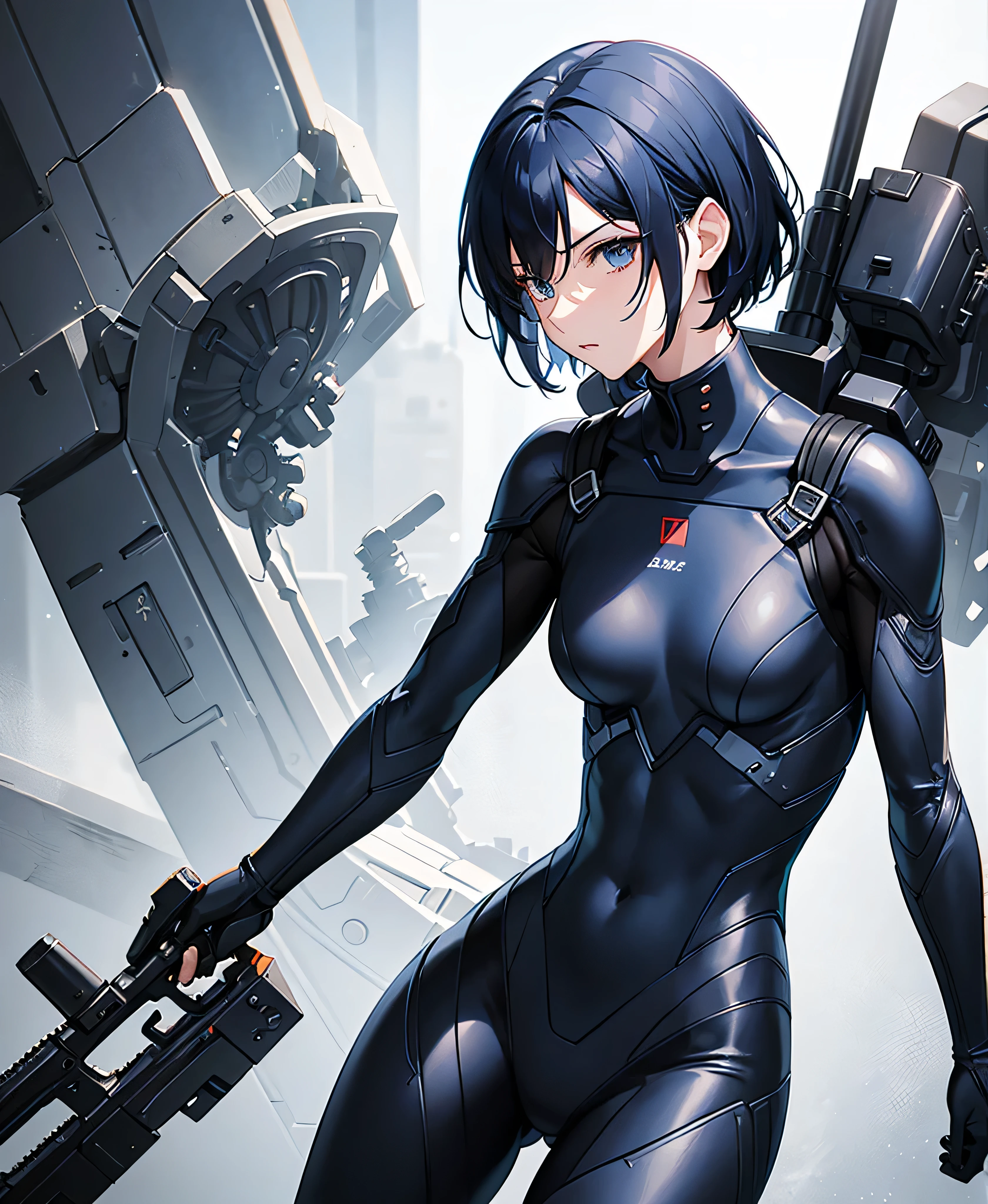 Dark blue hair,short hair,neutral,boyish,Hide one eye,thin,Also々funny Face,Powered Suit,Reinforced Suit,Black suit,mechanical,sf,Black sleeveless coat,With sword,headgear,Small breasts,Small breasts,Flat Chest,expensive,Slightly muscular,good looking,The innerwear is a bodysuit,Armament,Pilot Suit,Hard boots,armor,Carry a rifle,Chest protector,Shoulder protectors,I put on a coat,Lumbar Device,1 person