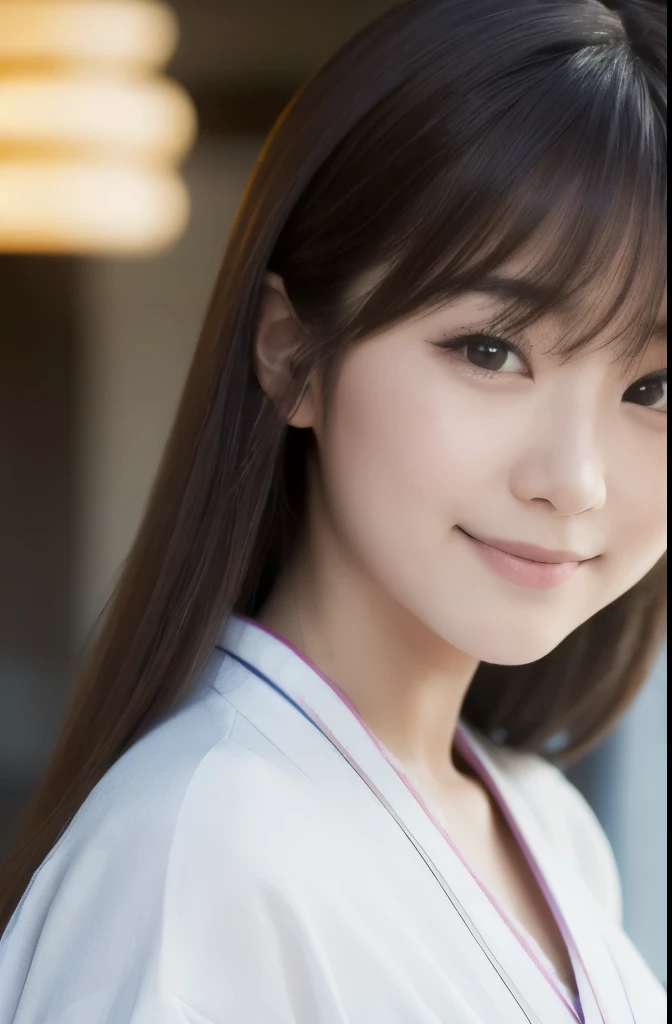 best quality, face focus, soft light, ultra high res, (photorealistic:1.4), RAW photo,(Shinozaki Ai), white skin, kawaii, 1 Japanese girl, solo, cute, (smile), (pupil, lights in the eyes), detailed beautiful face, Medium-sized breasts,(high resolution detail of human skin texture),(long hair),(portrait), upper body, white traditional kimono