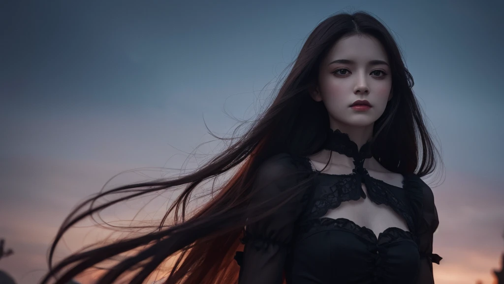 Delicate and dainty young Dracula woman . She is wearing bright black. The background is a fantastic and ethereal night sky that seems to be haunted by a specter. Her expression is stern and atmospheric. red eye, Fangs sticking out of his mouth.