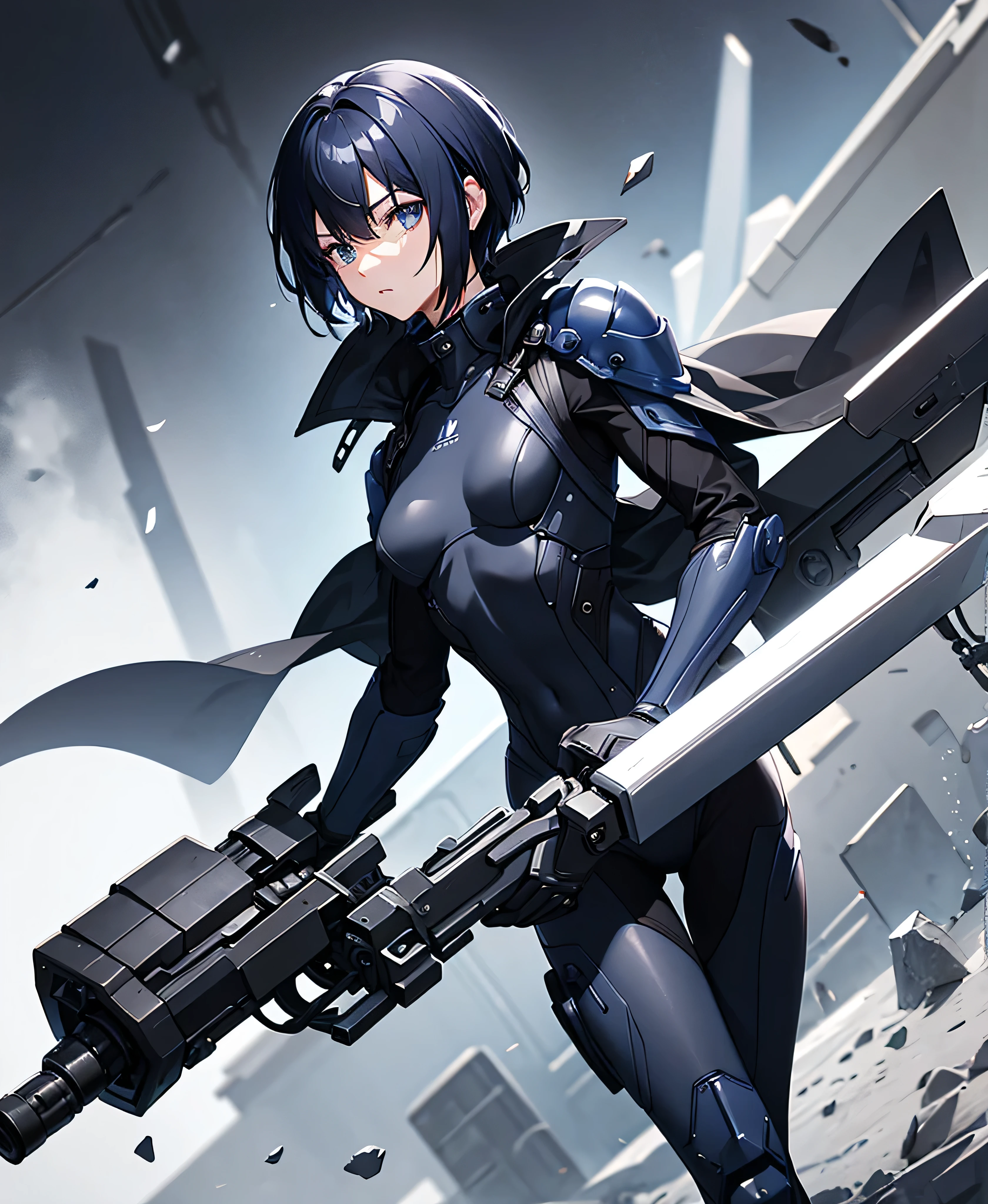 Dark blue hair，short hair，neutral，boyish，Hide one eye，thin，Also々funny Face，Powered Suit，Reinforced Suit，Black suit，mechanical，sf，Black sleeveless coat，With sword，headgear，Small breasts，Small breasts，Flat Chest，expensive，Slightly muscular，good looking，The innerwear is a bodysuit，Armament，Pilot Suit，Hard boots，armor，Carry a rifle，Chest protector，Shoulder protectors，I put on a coat，Lumbar Device，1 person