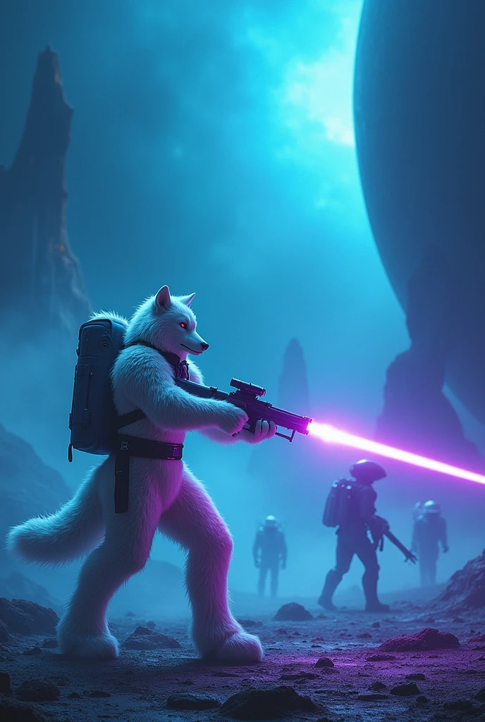 A man in a fursuit, shooting an antimatter gun at aliens while in a spacesuit on a weird planet,white wolf,the planet is all blue and dark,the beam from the gun is purple,the wolf is partially injured