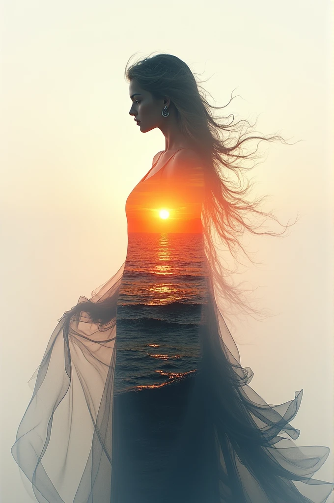 high quality, 8K Ultra HD, A beautiful double exposure that combines an goddess silhouette with sunset coast, sunset coast should serve as the underlying backdrop, with its details incorporated into the goddess , crisp lines, The background is monochrome, sharp focus, double exposure, by yukisakura, awesome full color,