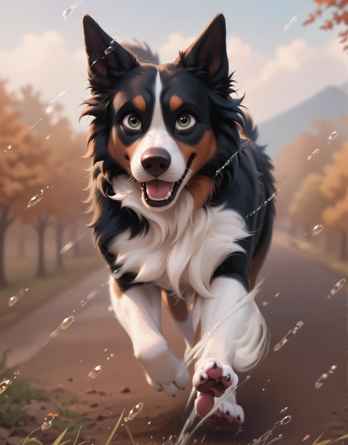 border collie dog running in pixar style, soft and happy expression