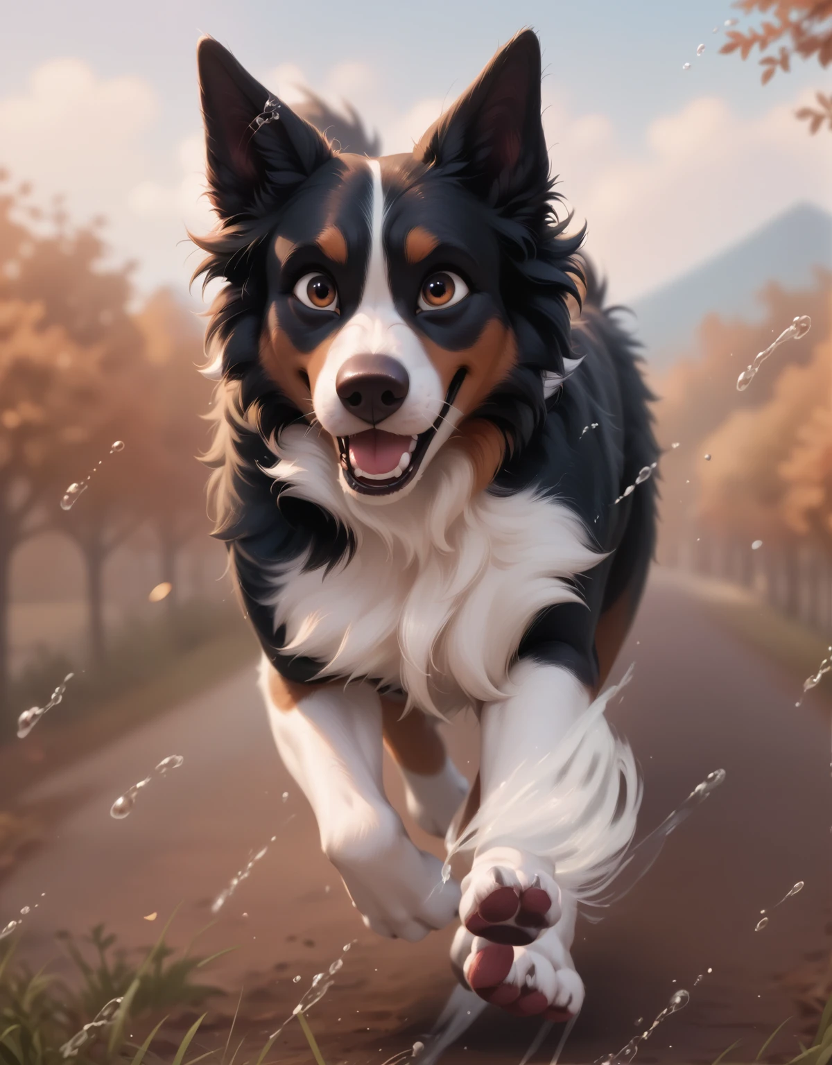 border collie dog running in pixar style, soft and happy expression
