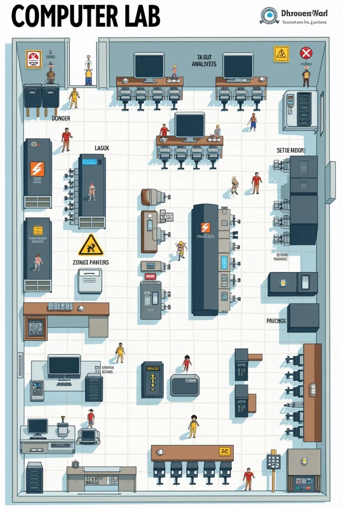 Develop a risk map for a computer lab indicating the name of each area, job positions, machine and equipment names; danger warning signs and mandatory signs. On one side is the legend of the warning signs