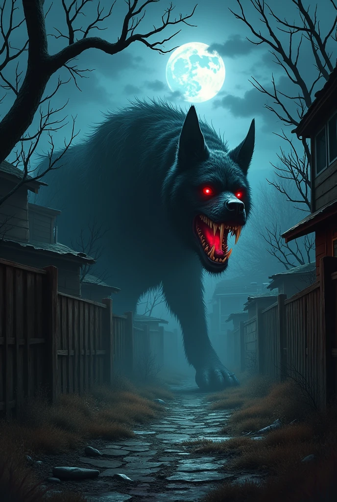 (( goosebumps book art )) a monster dog in an abandoned backyard at night