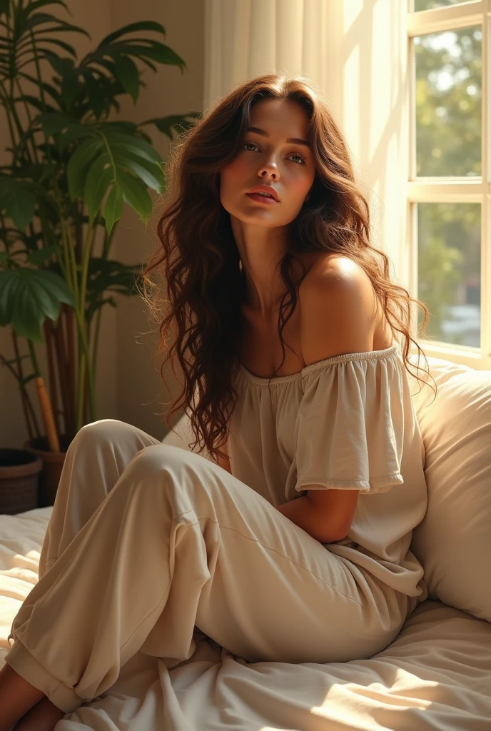 (photorealism:1.2), beautiful woman, sitting on bed, wearing loose off-shoulder top, pajama pants, long curly hair, indoors, soft lighting, plants in background, window with sunlight, cozy room, relaxed pose, realistic, intricate details, warm colors, by Greg Rutkowski, by Alphonse Mucha