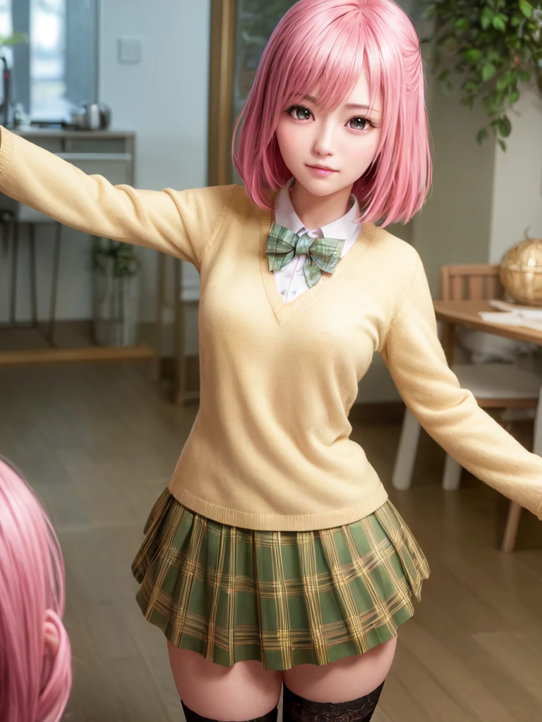 ph momo, momohd, phmomo, solo, 1girl, pink hair, purple eyes, short hair, hair flower, sweater vest, ,(yellow sweater:1.2), big eyes, plaid skirt, black thighhighs, (masterpiece:1.6, best quality), (finely detailed beautiful eyes: 1.2), ultra-detailed, illustration,beautiful detailed eyes, (yandere:1.4), (empty eyes), backlighting, looking at viewer, blush, smile, (masterpiece, finely detailed beautiful eyes: 1.2), detailed eyes, hyper detailed,light smile, highly detailed, beautiful, small details, ultra detailed, best quality, intricate, hyperrealism, sharp, digital illustration, detailed, realism, intricate, 4k, 8k, trending on artstation, good anatomy, beautiful lighting, award-winning, photorealistic, realistic shadows, realistic lighting, beautiful lighting, raytracing, intricate details, moody, rule of thirds, masterpiece, (illustration:1.1), highres, (extremely detailed CG, unity, 8k wallpaper:1.1), beautiful face, highly detailed face, ultra realistic, masterpiece, bokeh, pink hair,extremely detailed, intricate, zoomout, colorful, vibrant colors, red nail polish, side view,standing,whole body,green skirt, plaid, plaid skirt, sainan high , , skirt, sweater vest,