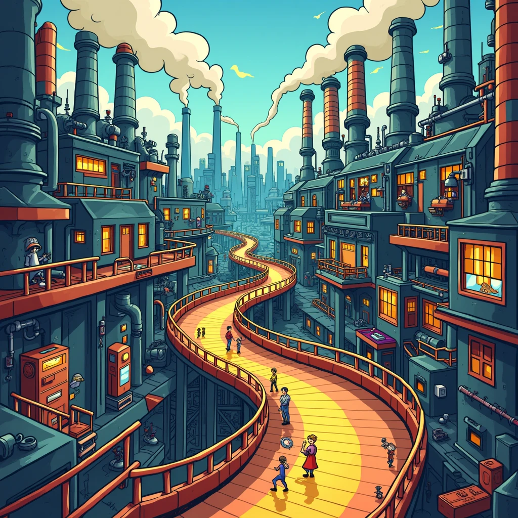 a background for a comic strip, factory with production line. style cartoon