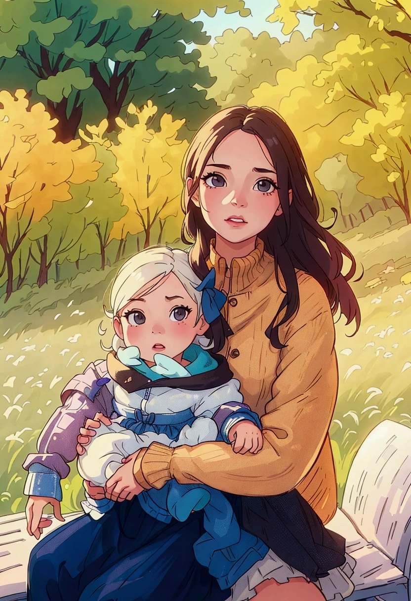 (best quality:0.8) perfect anime illustration, a woman and a baby are sitting on a bench in a field, jamie coreth, an beautiful, photo of a beautiful, avatar image, ( ( emma lindstrom ) ), marketing photo, portrait image, vannessa ives, professional image, profile pic, stylized photo, joanna gaines, profile image, full protrait, by Kristin Nelson, kailee mandel