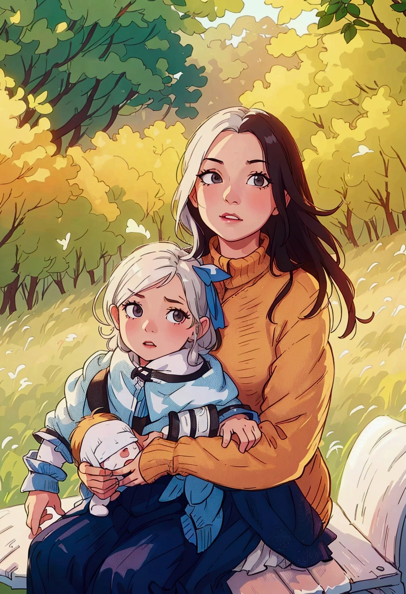 (best quality:0.8) perfect anime illustration, a woman and a baby are sitting on a bench in a field, jamie coreth, an beautiful, photo of a beautiful, avatar image, ( ( emma lindstrom ) ), marketing photo, portrait image, vannessa ives, professional image, profile pic, stylized photo, joanna gaines, profile image, full protrait, by Kristin Nelson, kailee mandel