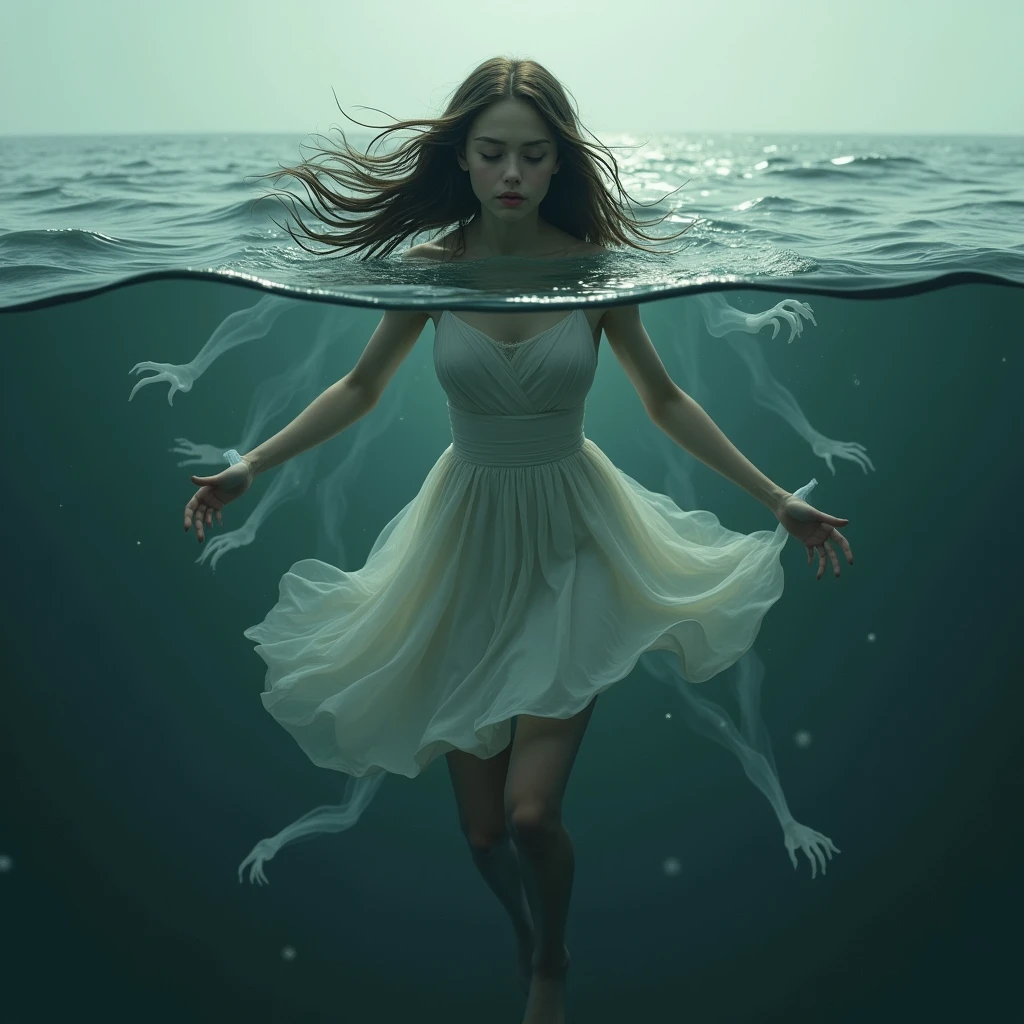 A long haired girl wearing a long white dress,she will be in the ocean and there will be hands pulling her under the water,I want something that makes me sad