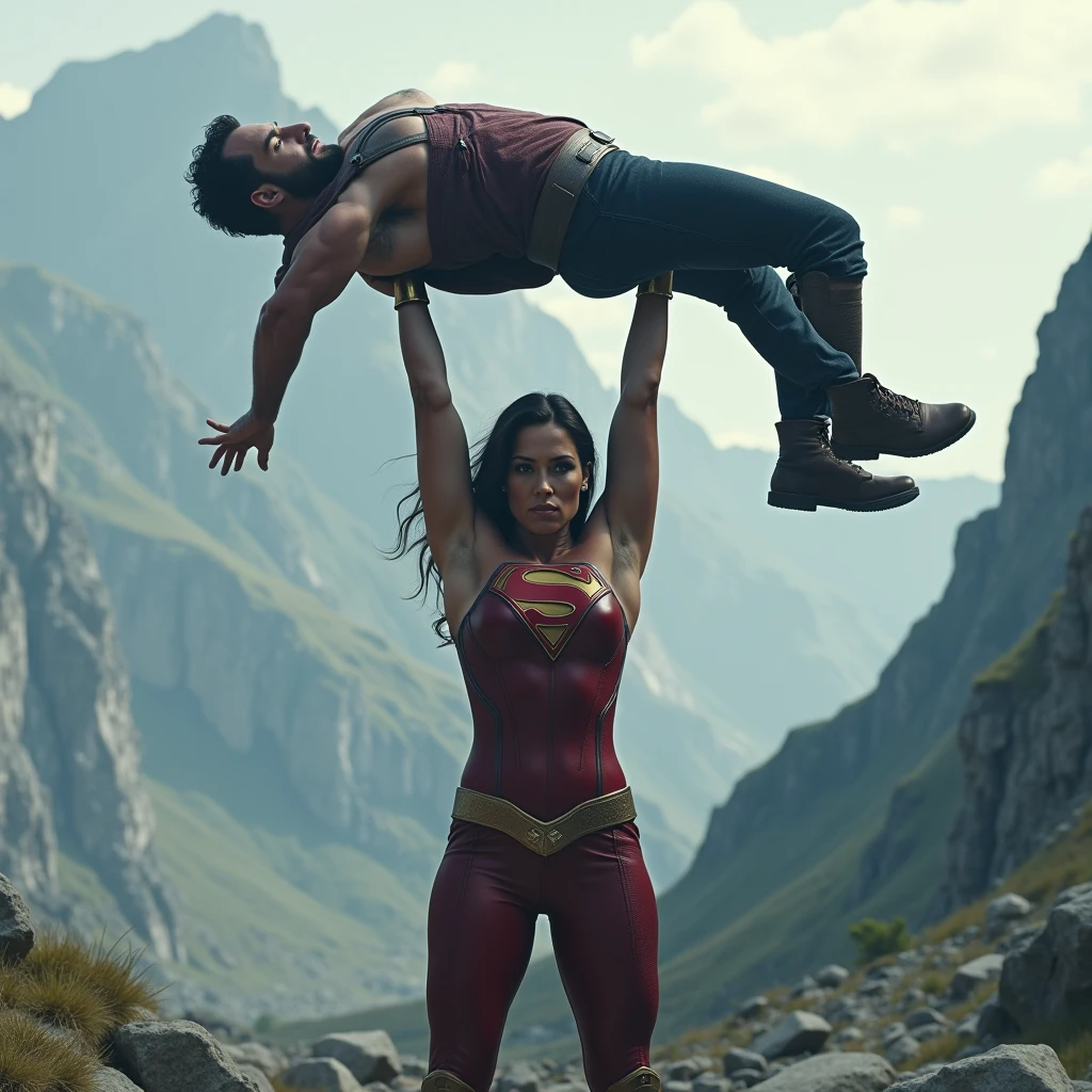 Kristin Kreuk as Lana Lang lifting a man high over her head with her strong arms. She is standing on a cliff with tall Mountains in the background. 