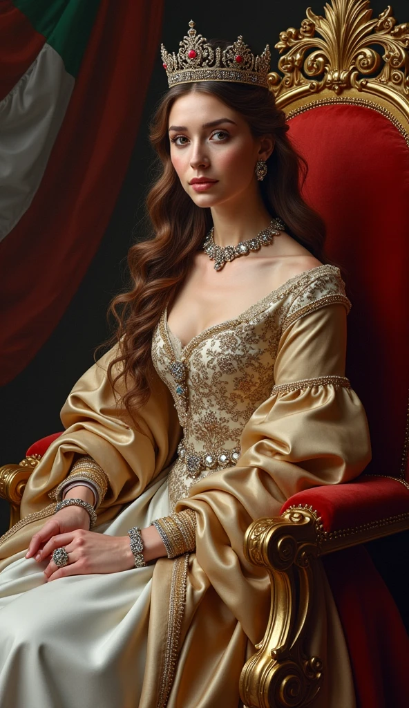 The young and beautiful Grand Duke of Luxembourg。Beautiful woman。whole body。Sit on a throne、Wearing the crown、Holding a scepter and a jewel。Luxembourg Flag Background