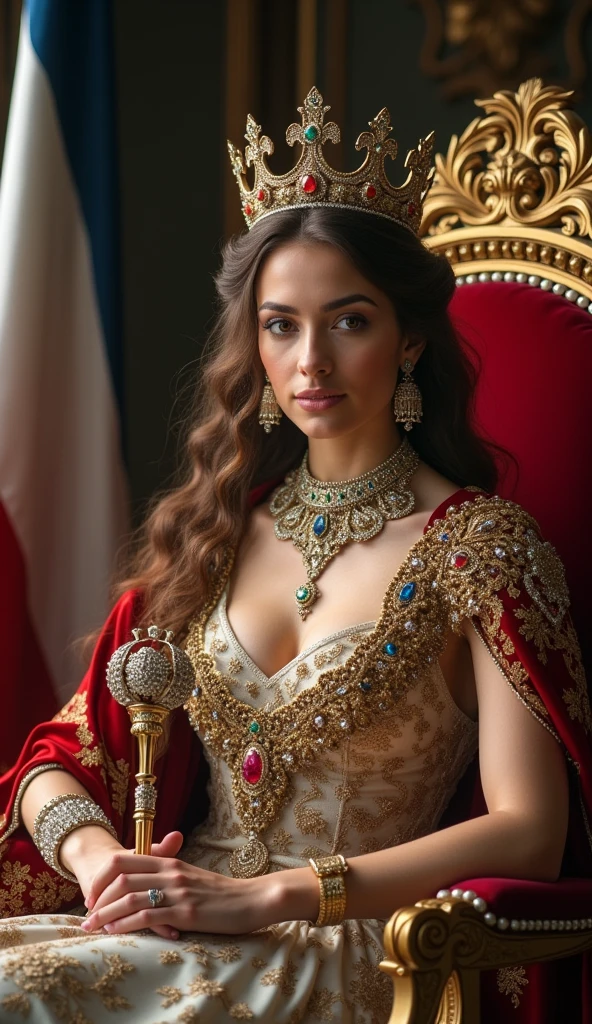 The young and beautiful Grand Duke of Luxembourg。Beautiful woman。whole body。Sit on a throne、Wearing the crown、Holding a scepter and a jewel。Luxembourg Flag Background