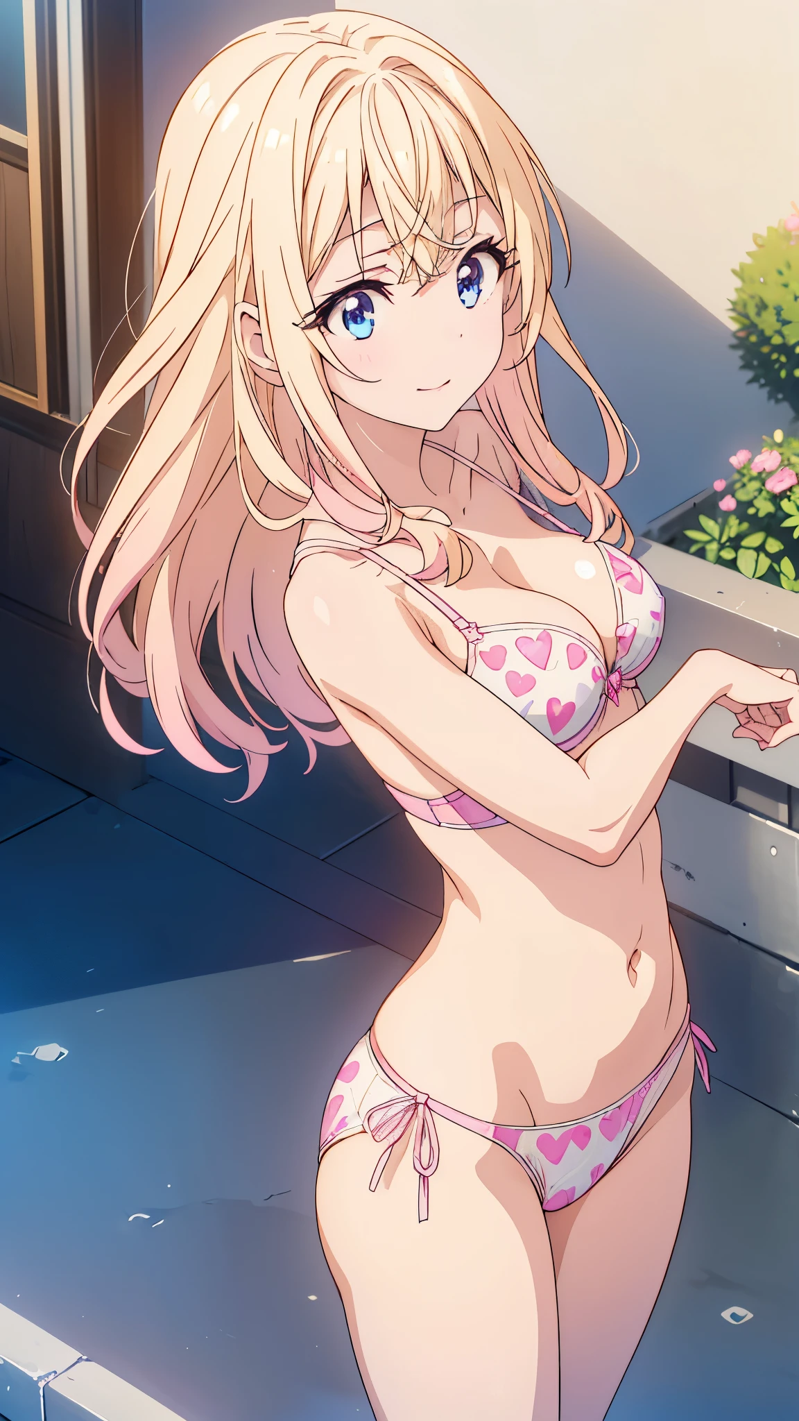 Standing on the balcony、ピンクのビキニを着てblue eyesをしたアニメの ピースが飛ぶ、Highest quality、High resolution、Hmph、Pixel perfect、1 person、cute、Perfect body、Anatomically correct、Beautiful eyelashes, Realistic eyes、smile、((Clear pink heart print bra))、((Clear pink heart pattern panties))、Wear only underwear、Smooth texture:0.75、Outdoor blue sky、I can see your pants、I can see your bra、Bright overall、Cinematic Light、Angle from behind、(Turn your buttocks towards you)、blonde、blue eyes