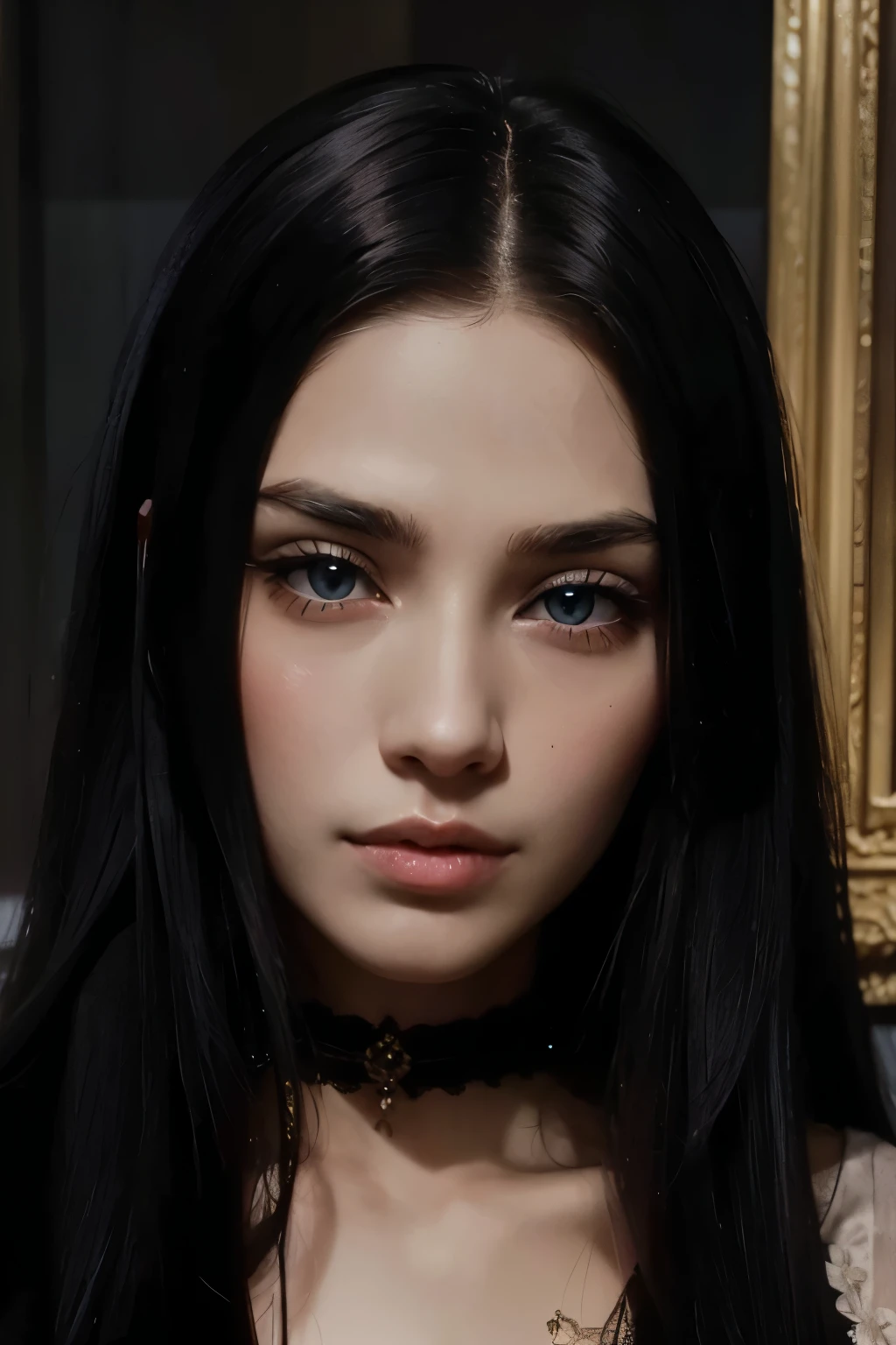 masterpiece, best quality, A very beautiful and mysterious woman with long black hair., Big blue eyes and pale complexion, Gothic, In Madrid, 22 years, Very elegant, sexy, Cleopatra's hair