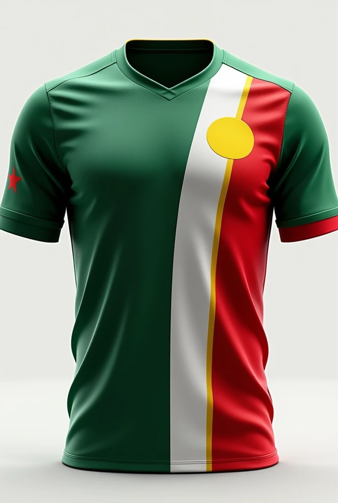 Make a football jersey template where deep green, red, white and yellow color will mixed.