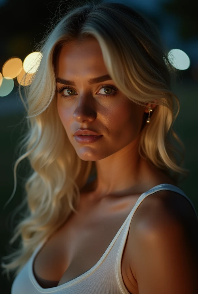 Portrait of a beautiful blonde girl, she is extremely curvy (Brazilian body), sexy blonde Ukrainian girl. she has big breasts. looking out at a Texas park at night. (sexy white tank top) surreal face, gorgeous, attractive, pretty, Cute, feminine, perfect face. (Highly detailed skin:1.2), 8k uh, DSLR, soft light, High quality, film grain, Fujifilm XT3, (establishment shot:1.5), perfect hand. Shallow depth of field, vignette, high detail, high budget, blur effect, cinema scope, moody, epic, gorgeous, film grain, grainy, ultra realistic, r3al photo, perfect eyes, over saturated, inst4 style, flawless, (Close up of face photo). absolute cleavage. looking at the camera with charm