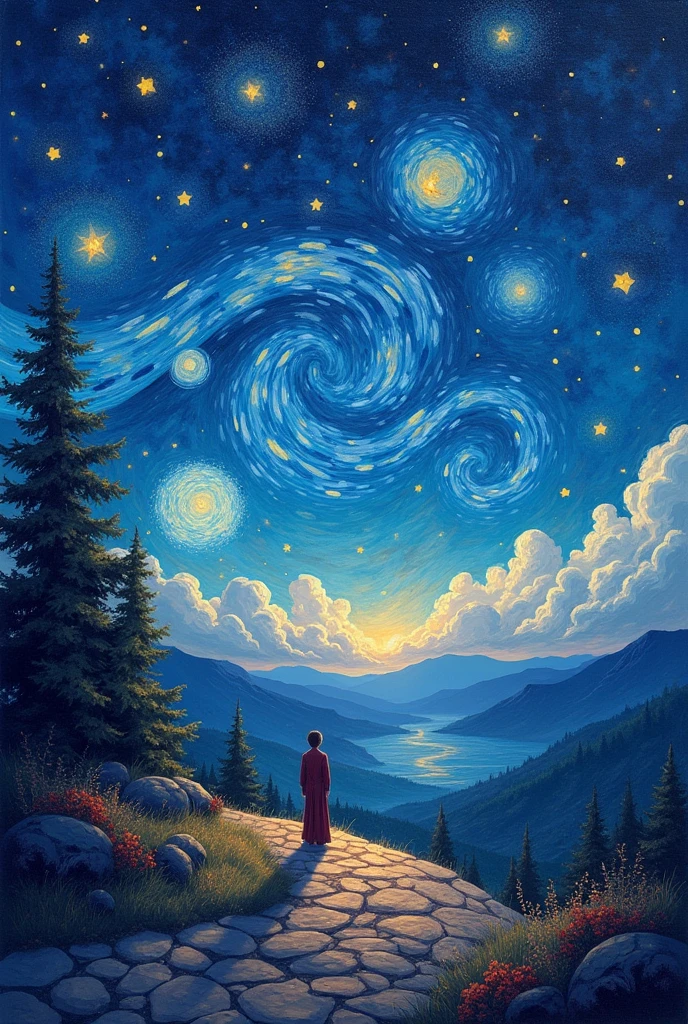 Generate a starry night like art that shows these elements of art:
Line, shape, color, space, texture, value and form
