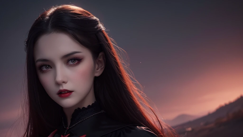 Delicate and dainty young Dracula woman . She is wearing bright black. The background is a fantastic and ethereal night sky that seems to be haunted by a specter. Her expression is stern and atmospheric. red eye, Fangs sticking out of her open mouth.