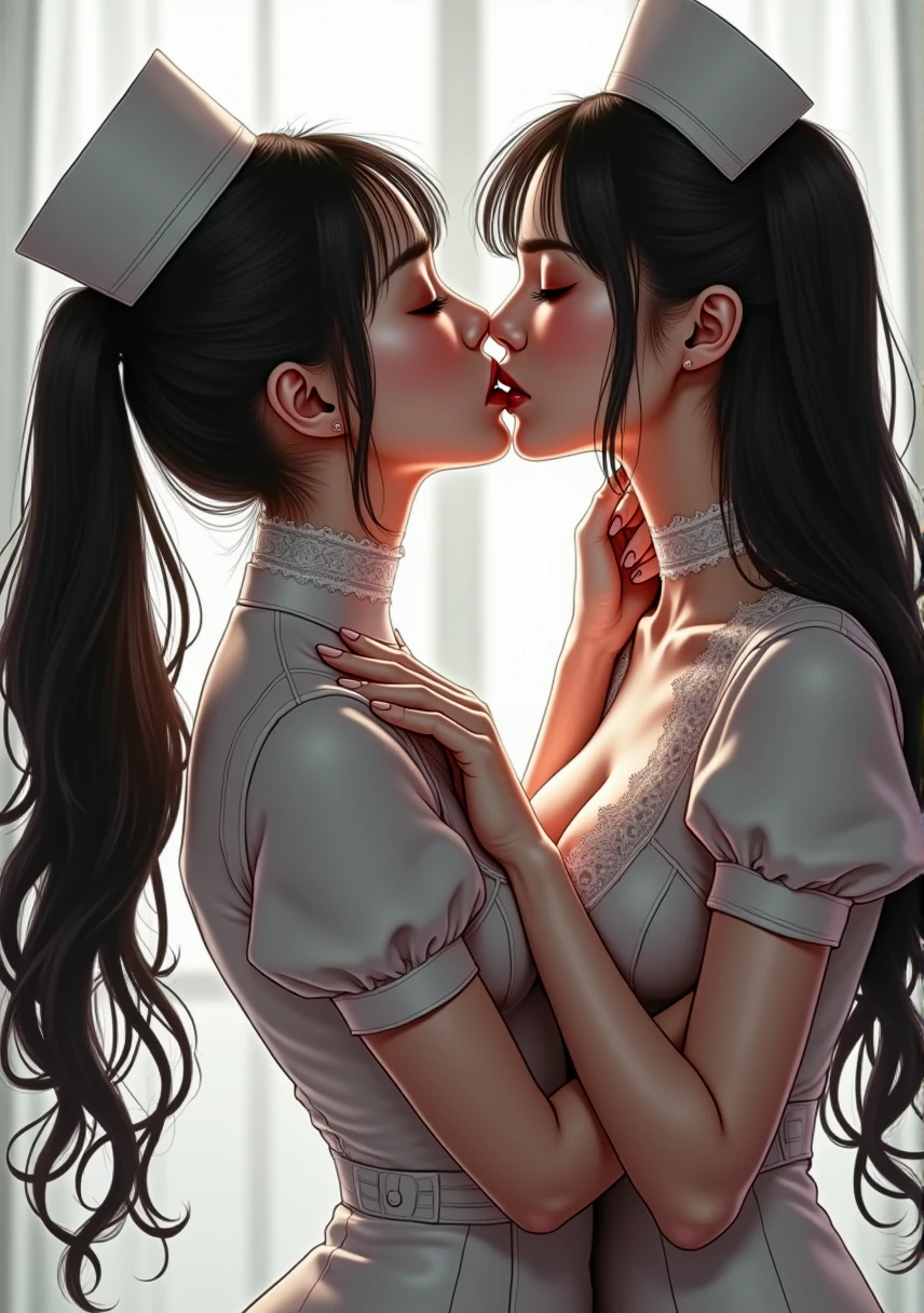 ((original photography:1.2, best quality)), photographic art,Extremely detailed, Ultra-precise depiction, Ultra-fine drawing, (tangled:1.2), (007 movie atmosphere), at bedroom,2 Korean women,Korean Model, Very detailed face, (best quality, Beruca, Gloves), ((complicated nurse uniform:1.3)), Very detailed lace underwear and long silk stockings,lace choker, Gloves, long legs, High heel, damaged nurse uniformcleavage,Long legs,two twins women standing together,(kissing),Embrace each other,