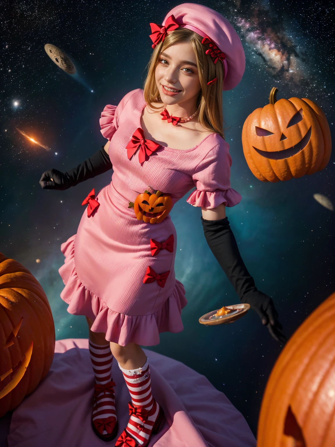 (1 lady), The beautiful, (Best quality at best:1.4), (ultra - detailed), (extremely detailed CG unified 16k), gold blonde hair, very detailed, High-definition RAW color photo, professional photoshooting, amazing face and eyes, cosmetics, (amazingly beautiful girl), ((lambdadelta, taller, tall woman, NOT Dasha Taran)), ((dress, shoes bow, red shoes, striped stockings, red bow, pink hat, necklace, gloves, pearl, pumpkin brooch, pink dress)), levitating in a cute posture (floating in the air), (She's levitating in a cosmic sea, outer space:1.3, quantum hyperspace room lacking walls, hyperspace chamber, extremely detailed background, a lot of details background, realistic background), (look from above), realistic cinematic face, head to feet long wide zoomed out view, full body long view, photorealistic, ((realistic natural blonde hair style, red eyes)), gorgeous, extremely beautiful face, perfect model beauty, amazingly beautiful smile, her smile is emotive and full of joy, her teeth are visible, Highly Detailed Face and Skin Texture, Detailed Eyes, Double Eyelids, Big Breasts, Persistent Stare, Faith Trance, (mystical stare, looking eternity), (masterpiece), best quality, high resolution, depth of field, cinematic lighting, amazing legs, pink combat boots, clear and well-cared skin