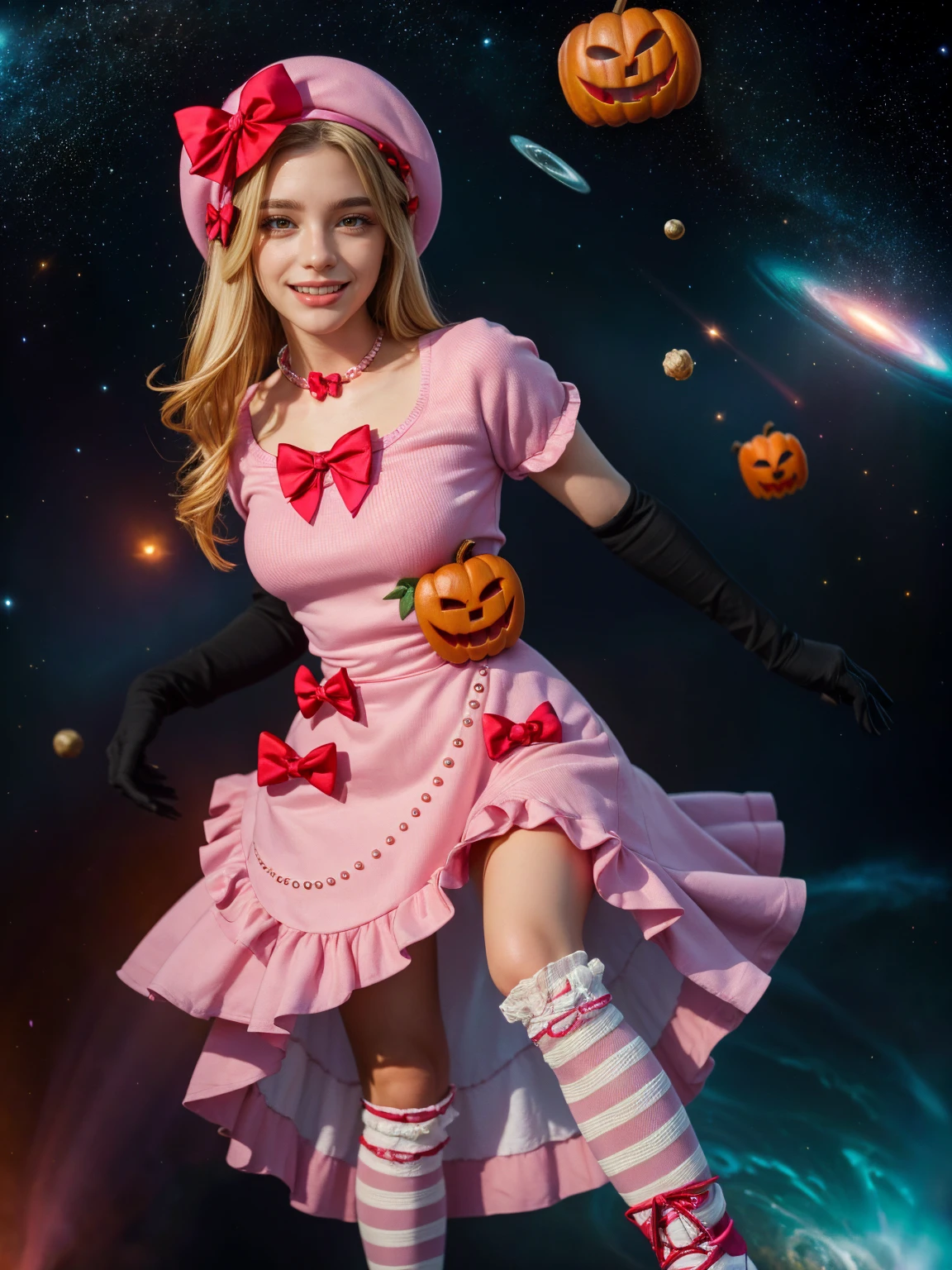(1 lady), The beautiful, (Best quality at best:1.4), (ultra - detailed), (extremely detailed CG unified 16k), gold blonde hair, very detailed, High-definition RAW color photo, professional photoshooting, amazing face and eyes, cosmetics, (amazingly beautiful girl), ((lambdadelta, taller, tall woman, NOT Dasha Taran)), ((dress, shoes bow, red shoes, striped stockings, red bow, pink hat, necklace, gloves, pearl, pumpkin brooch, pink dress)), levitating in a cute posture (floating in the air), (She's levitating in a cosmic sea, outer space:1.3, quantum hyperspace room lacking walls, hyperspace chamber, extremely detailed background, a lot of details background, realistic background), (look from above), realistic cinematic face, head to feet long wide zoomed out view, full body long view, photorealistic, ((realistic natural blonde hair style, red eyes)), gorgeous, extremely beautiful face, perfect model beauty, amazingly beautiful smile, her smile is emotive and full of joy, her teeth are visible, Highly Detailed Face and Skin Texture, Detailed Eyes, Double Eyelids, Big Breasts, Persistent Stare, Faith Trance, (mystical stare, looking eternity), (masterpiece), best quality, high resolution, depth of field, cinematic lighting, amazing legs, pink combat boots, clear and well-cared skin