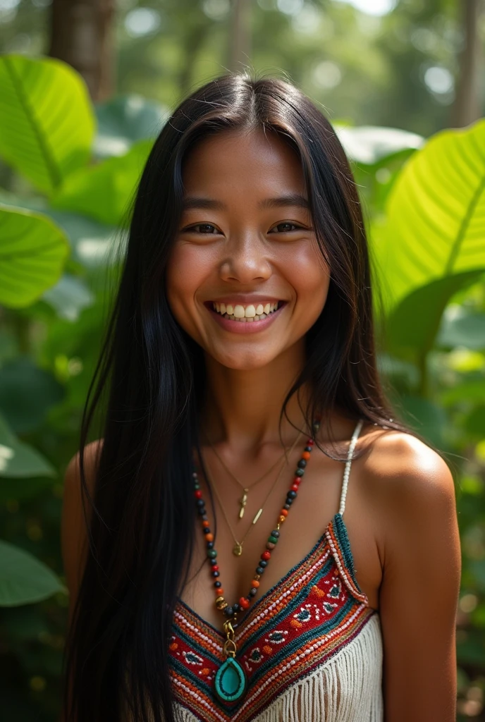 Colombian indigenous woman with straight hair smiling in the sun