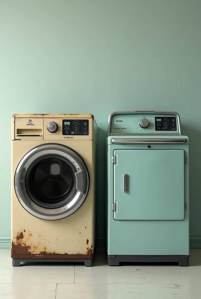 A SINGLE IMAGE OF A WASHING MACHINE THAT DESERVES RESTORATION, AND THEN A RESTORED ONE, WITH THE NAME OF MY COMPANY, PRODIFACA, AND MY ELECTRONIC CONTROLS, PRODIFACA