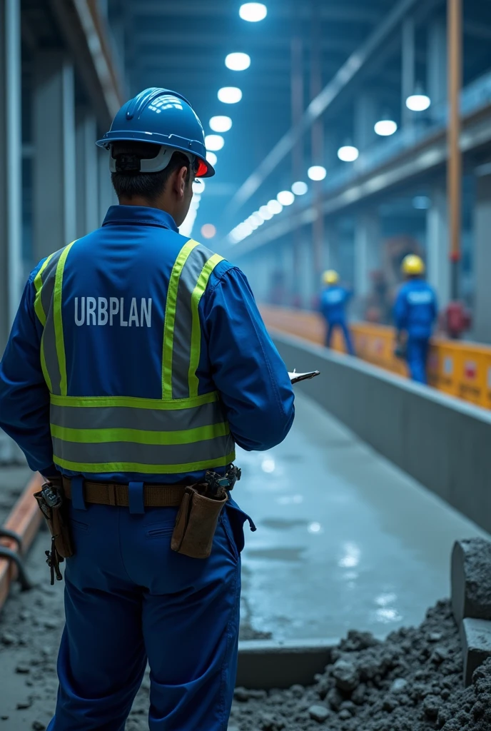 civil engineer using blue PPE with white writing "URBPLAN" observes the concreting of a slab in an industry, with cold lighting, ambient colors in blue tones