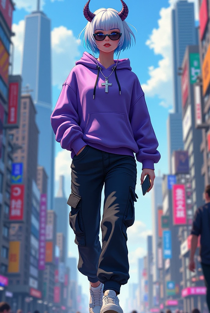 demon girl, Short white and blue hair,silver cross necklace,Sunglasses, purple sweatshirt, black cargo pants,WHITE TENNIS, earphones, holding her cell phone, walking through a big city