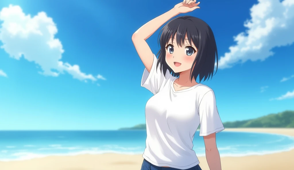 ((Top quality)), ((Masterpiece)), (Detail), Perfect face, Japanese woman, Teenage girl, Immaculate, White T-shirt, blue shorts, short black hair, big breasts, one hand raised dazzlingly, bright smile, blue summer sky, strong sunlight, sandy beach, depth of subject, sharply in focus, Aspect ratio 16:9, realistic live action, not animation.
