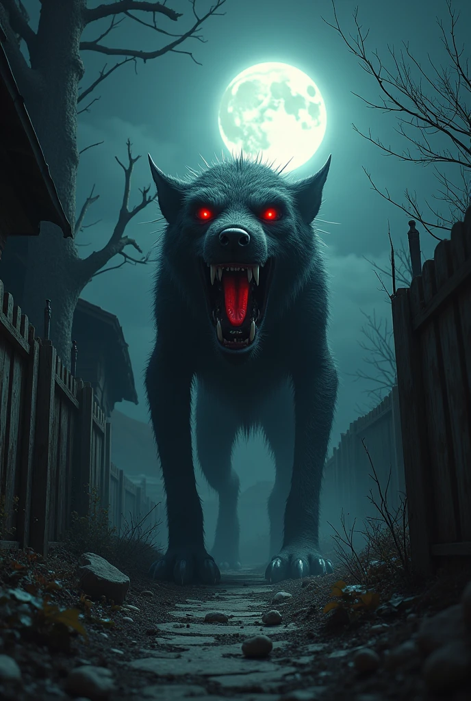 (( goosebumps book art )) a monster dog in an abandoned backyard at night
