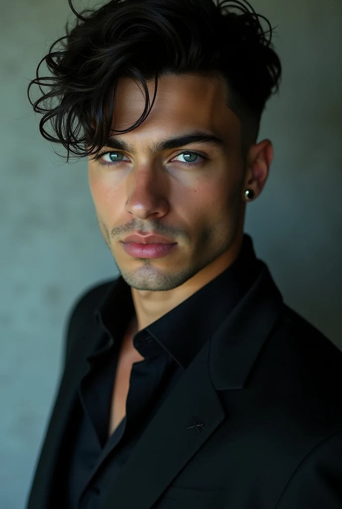 Black-haired man, dark blue eyes, with a sexy and intimidating appearance who looks like he's about twenty-five years old