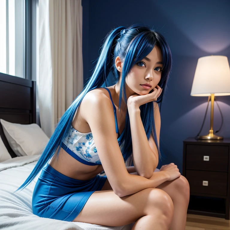 A beautiful girl with blue anime-style hair, sitting on a bedside table, in the center of the room