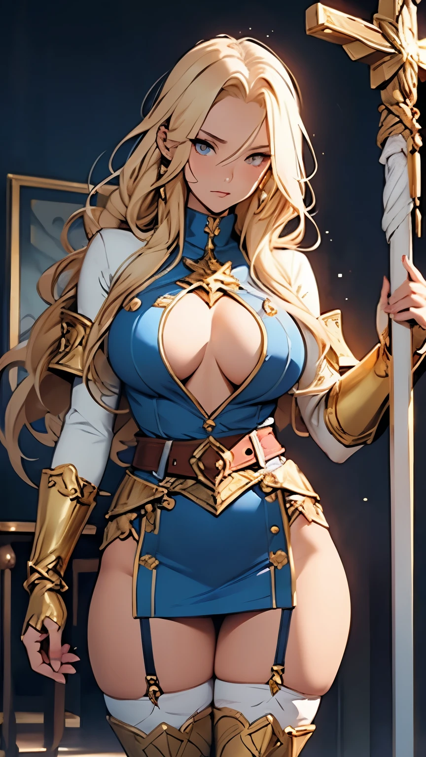 Blonde、Nuns、(Great gold gauntlet、Gold boots)、(Blue turtleneck dress、Blue tight mini skirt、White knee-high socks、Gold Garter Belt、Gold string panties )、(Huge breasts、Sideboob、Wide Hips、Thick thighs、Plump、curve、glamorous)、NSFW、Holding a giant gold cross mace