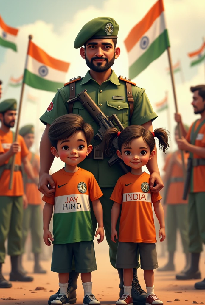 There is an little cute boy and girl with indian flag . they wear jersy with name INDIA. indian soldier behind him and hold indian flag and gun.
indian ashok symbol on soldier Jersey,There are 8 to 10 more people in the background and wear Jersy with name JAY HIND. There are more small Indian flags in the background. The map of India is also visible faintly in the background. All the characters are Indians.