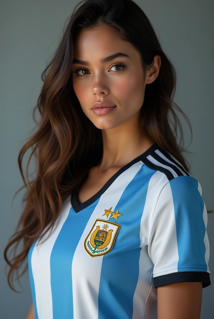 sexy Brunette girl, 20 years old, athletic body, firm second size breasts, wearing Argentina soccer team jersey, fit body, large breasts, (best quality, 4k, 8k, high resolution, masterpiece: 1.2), ultra-detailed, (realistic, photorealistic, photorealistic: 1.37), HDR, studio lighting, extremely detailed face and body