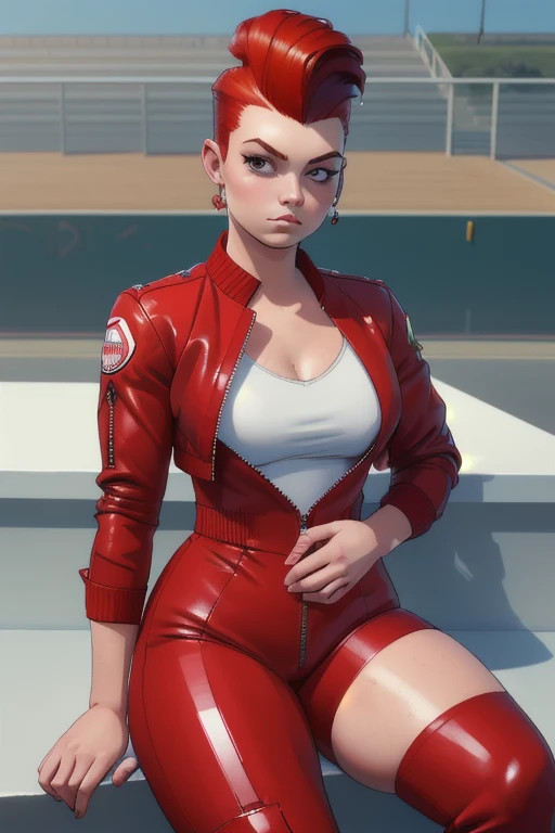 red hair, pompadour, short hair, small breasts, jumpsuit, unzipped, cropped jacket, wide hips, thick thighs, sitting, bleachers, race track, toned,big fat body ,(masterpiece), (best quality:1.2), absurdres, intricate details, (highly detailed skin:1.2),