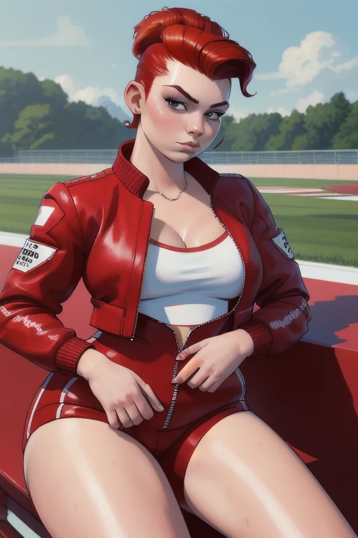 red hair, pompadour, short hair, small breasts, jumpsuit, unzipped, cropped jacket, wide hips, thick thighs, sitting, bleachers, race track, toned,big fat body ,(masterpiece), (best quality:1.2), absurdres, intricate details, (highly detailed skin:1.2),