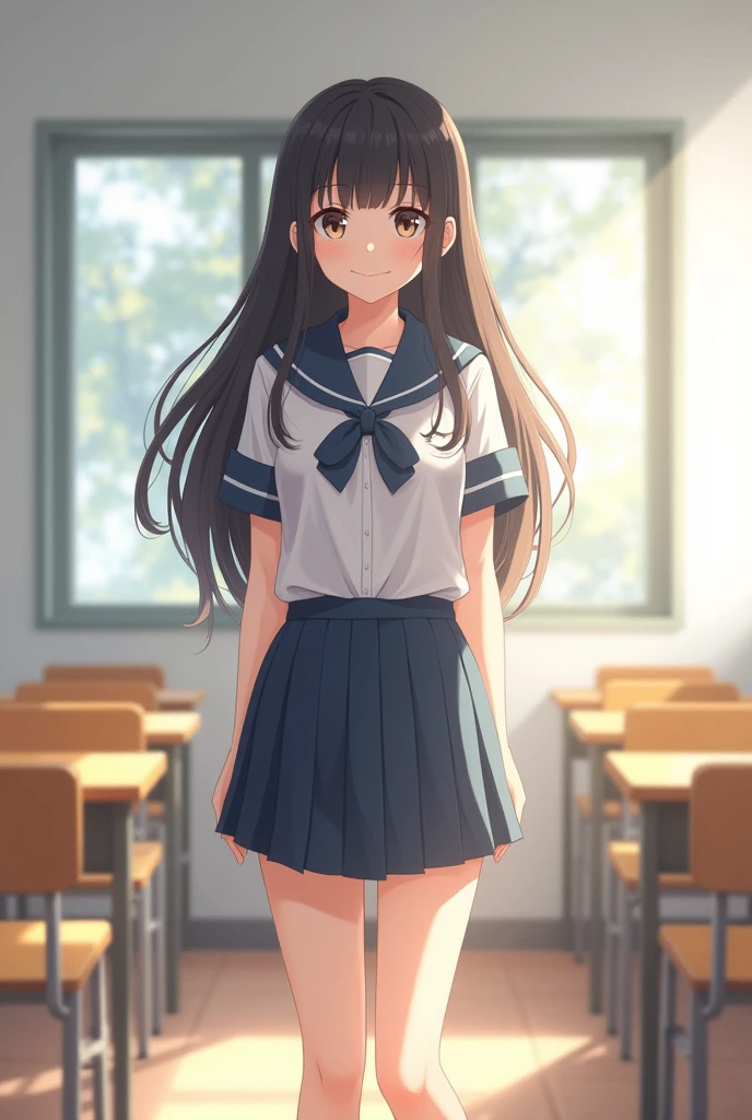 Standing alone in an empty school classroom、Real High School Girl、Summer uniform、Long black hair、mini skirt、Cute Face、Smiling、Full body portrait
