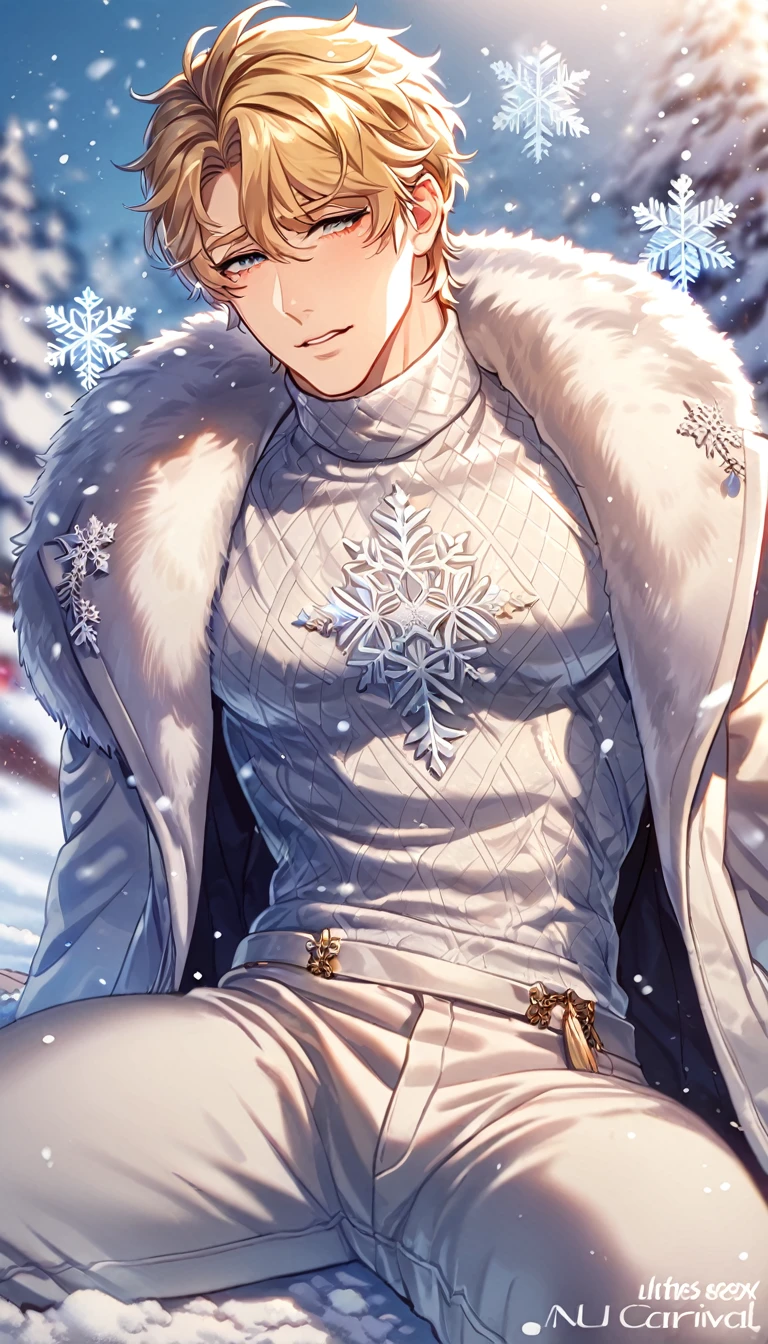 absurdres, highres, ultra detailed, HDR, master piece, best quality, extremely detailed, detailed eyes, Quincy, blonde hair, without bangs, expressive amber eyes, Nu Carnival, solo, sexy man sitting, handsome, horny, lewd, white coat with fur, accessories, black tight turtleneck shirt, patterns, white pants, fantasy, magical, snowflakes, snow, snowing, ice, snow land