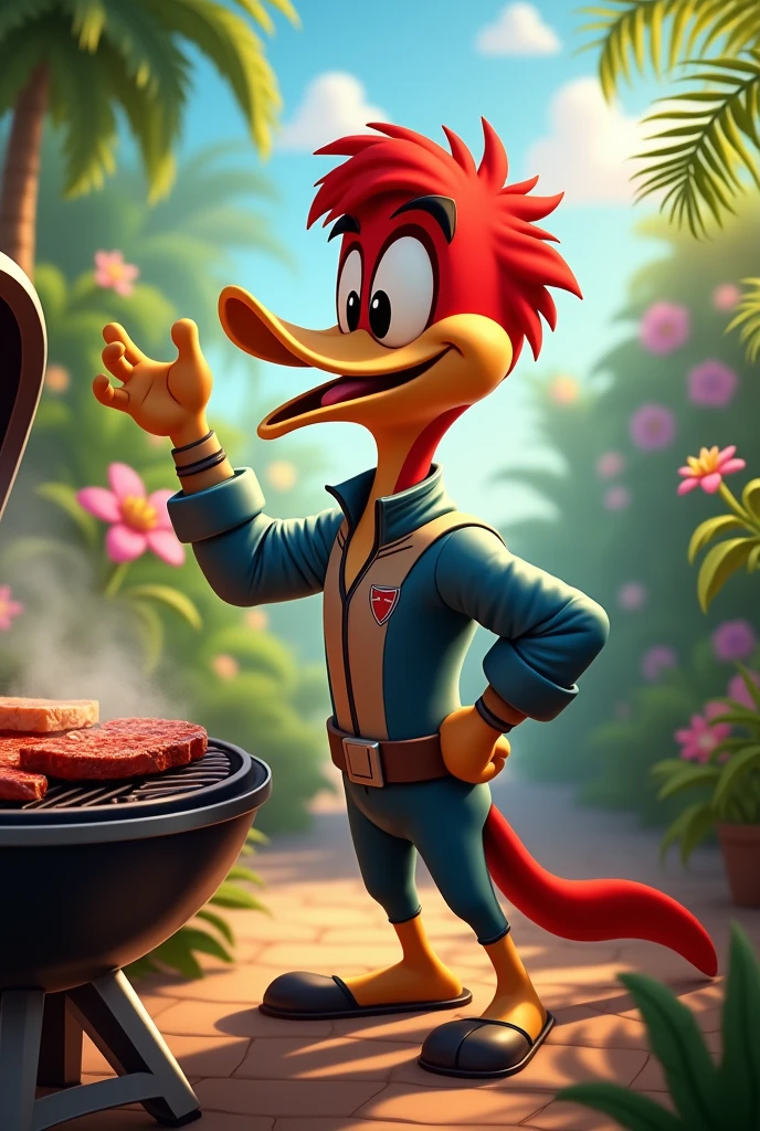 The animated Woody Woodpecker in a lush tropical garden, wearing a flight suit, having a barbecue with steaks and super excited.