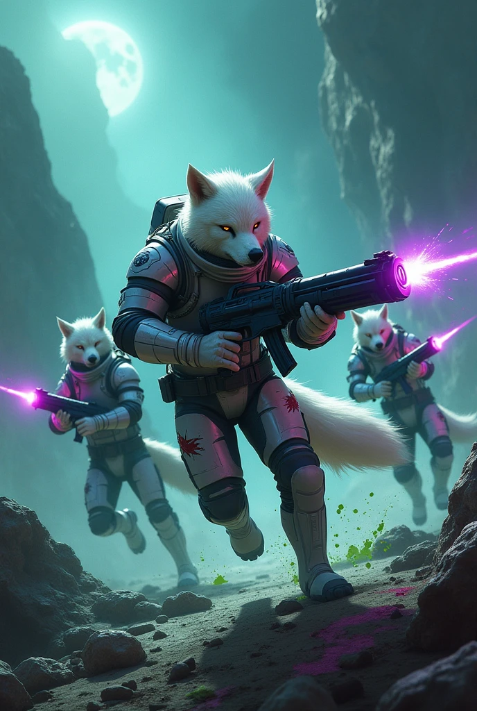 A man in a fursuit, shooting an antimatter gun at aliens while in a spacesuit on a weird planet,white wolf,the planet is all blue and dark,the beam from the gun is purple,the wolf is partially injured,the wolf has 2 other friends shooting at aliens,the aliens have green blood and are getting shot and decapitated